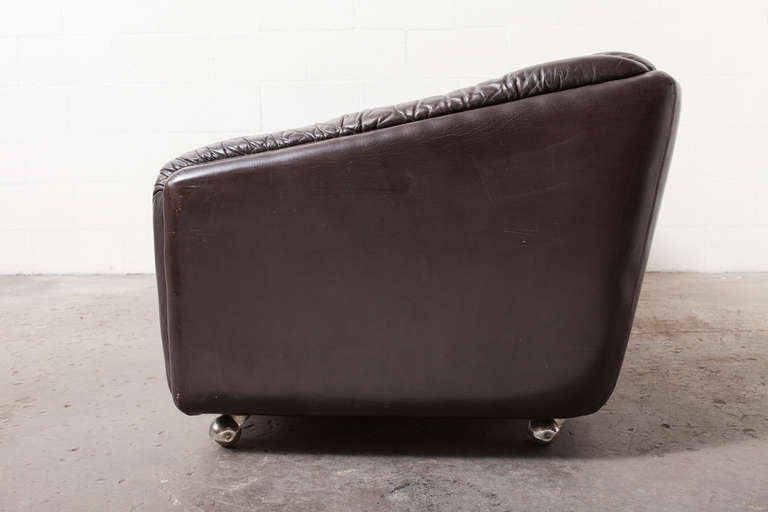 Mid-Century Modern Artifort Brown Tufted Leather Rolling Sofa