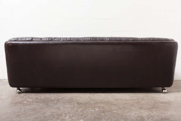 Dutch Artifort Brown Tufted Leather Rolling Sofa