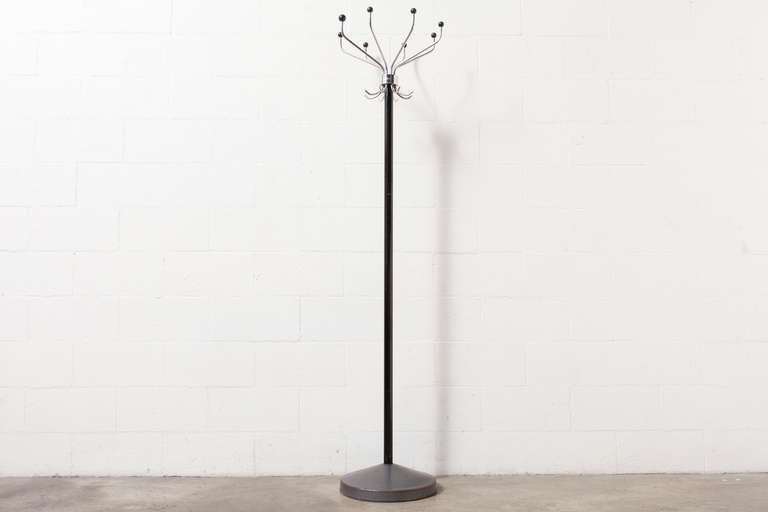 Dutch Art Deco Standing Coat Rack w/ Spinning Chrome Top, Black Stem, and Iron Base For Sale