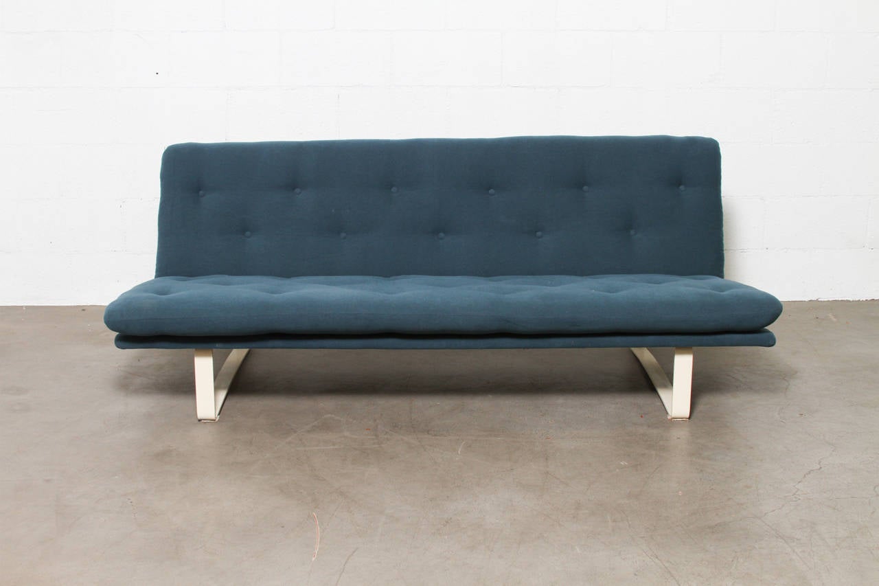 1968 Design by Kho Liang Le. Bone White Enameled Frame with New Teal Blue Upholstery.