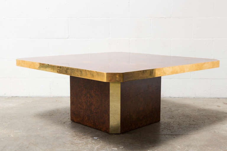 Mid-Century Modern Burled Wood and Brass Coffee Table