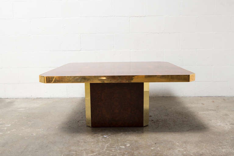 Willy Rizzo inspired Square Coffee Table in Burled Wood with Brass Detail and Matching Square Base.