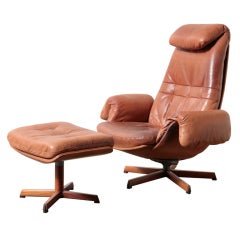 Ib Kofod Larsen (attr) Leather Lounge Chair and Ottoman