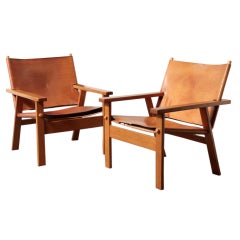 Børge Mogensen  Style Wood and Natural Leather Easy Arm Chairs
