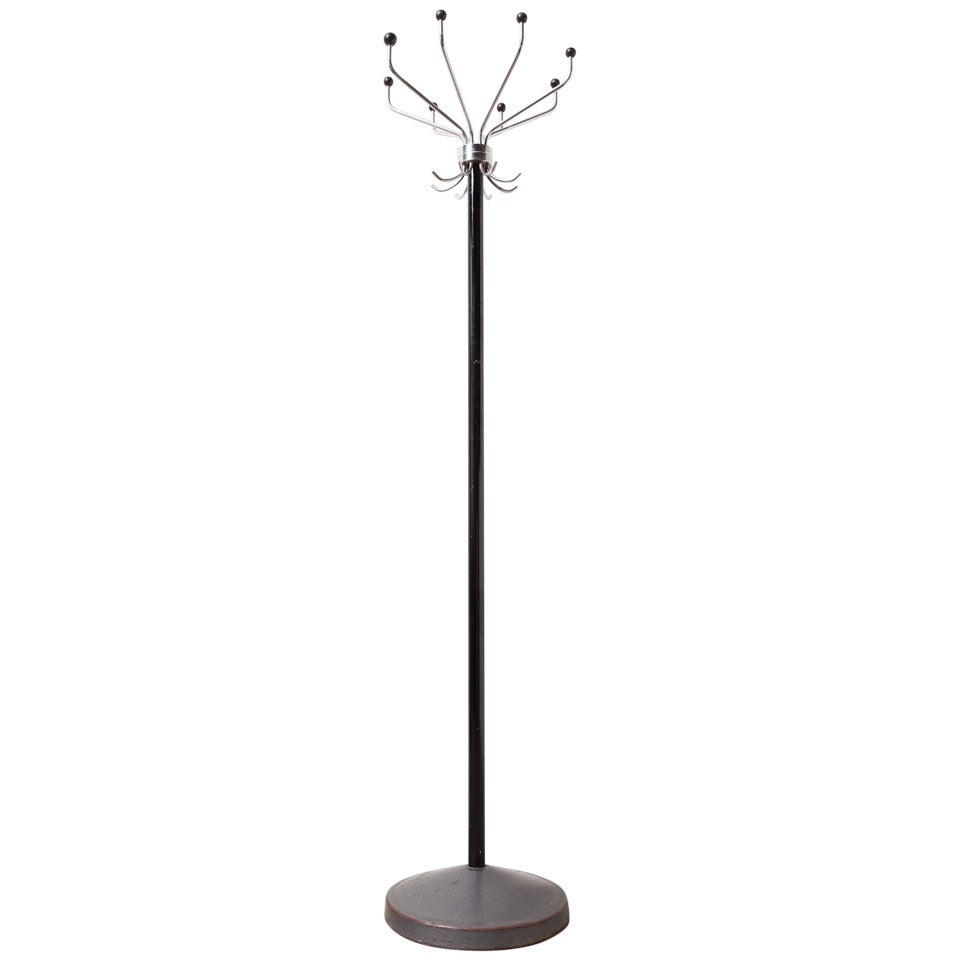 Art Deco Standing Coat Rack w/ Spinning Chrome Top, Black Stem, and Iron Base