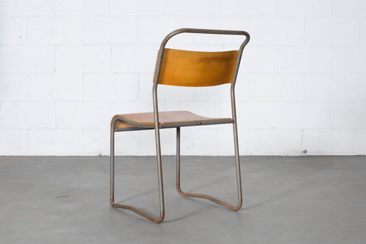 Mid-20th Century Set of 8 Stacking Metal and Plywood Chairs