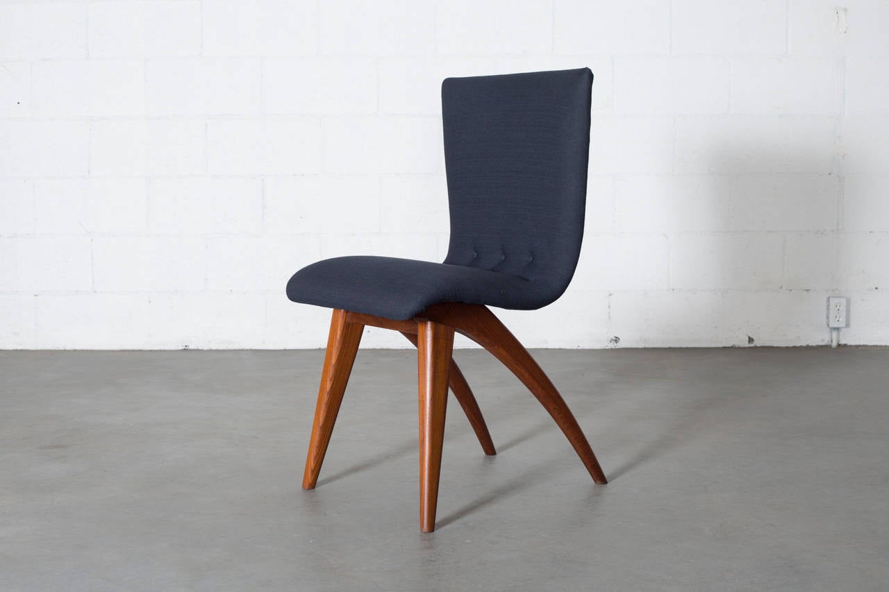 Beautiful Swooping Dining Chairs by Van Os in New Navy Blue Upholstery and Teak Curved Legs. Frame in Good Original Condition, Newly Re-Upholstered.