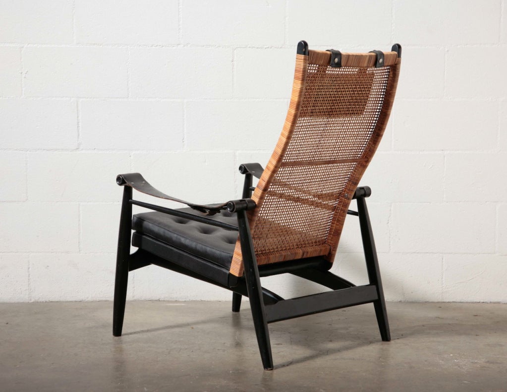Dutch Muttendam Mid-Century Rattan and Leather Armed Lounge Chair