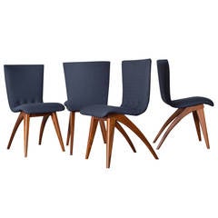 Set of Four Van Os Curved Teak Dining Chairs in Navy