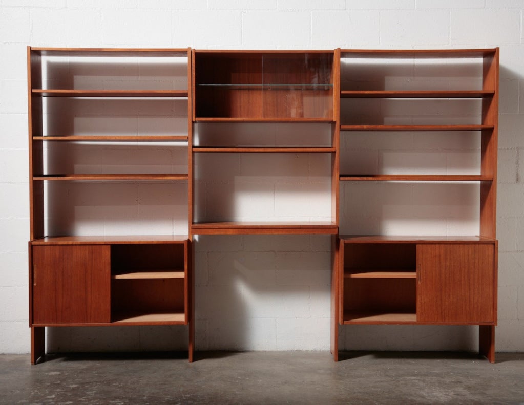 Teak 3 Section Wall Unit with Bookshelves, Glass Curio Cabinet, 2 Storage Cabinets and Built in Desk.