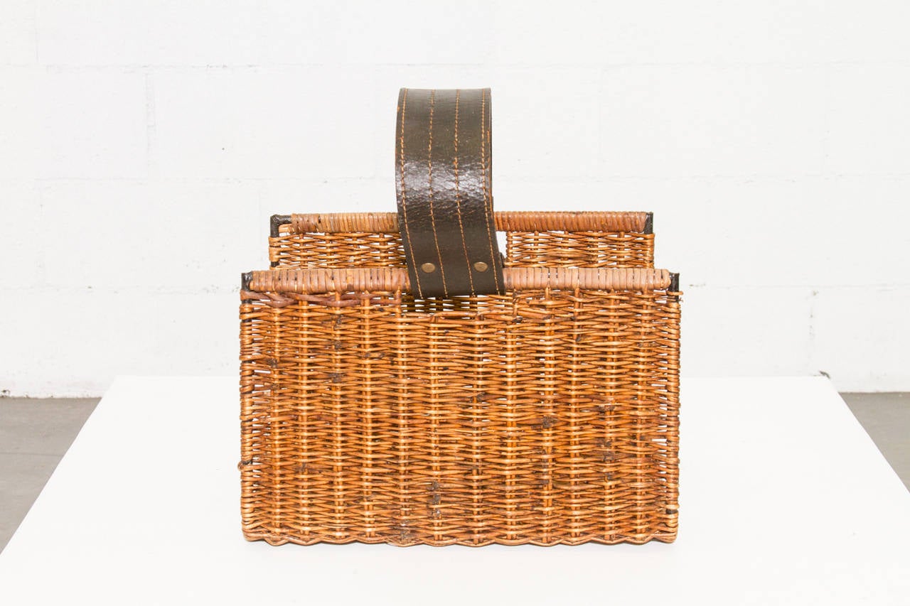Mid-Century Modern Jacques Adnet Style Rattan and Leather Basket