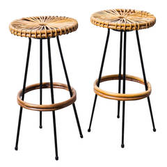 Pair of Wire and Bamboo Bar Stools by Rohe Noordwolde