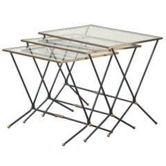 Jean Royere Style Brass and Glass Nesting Tables