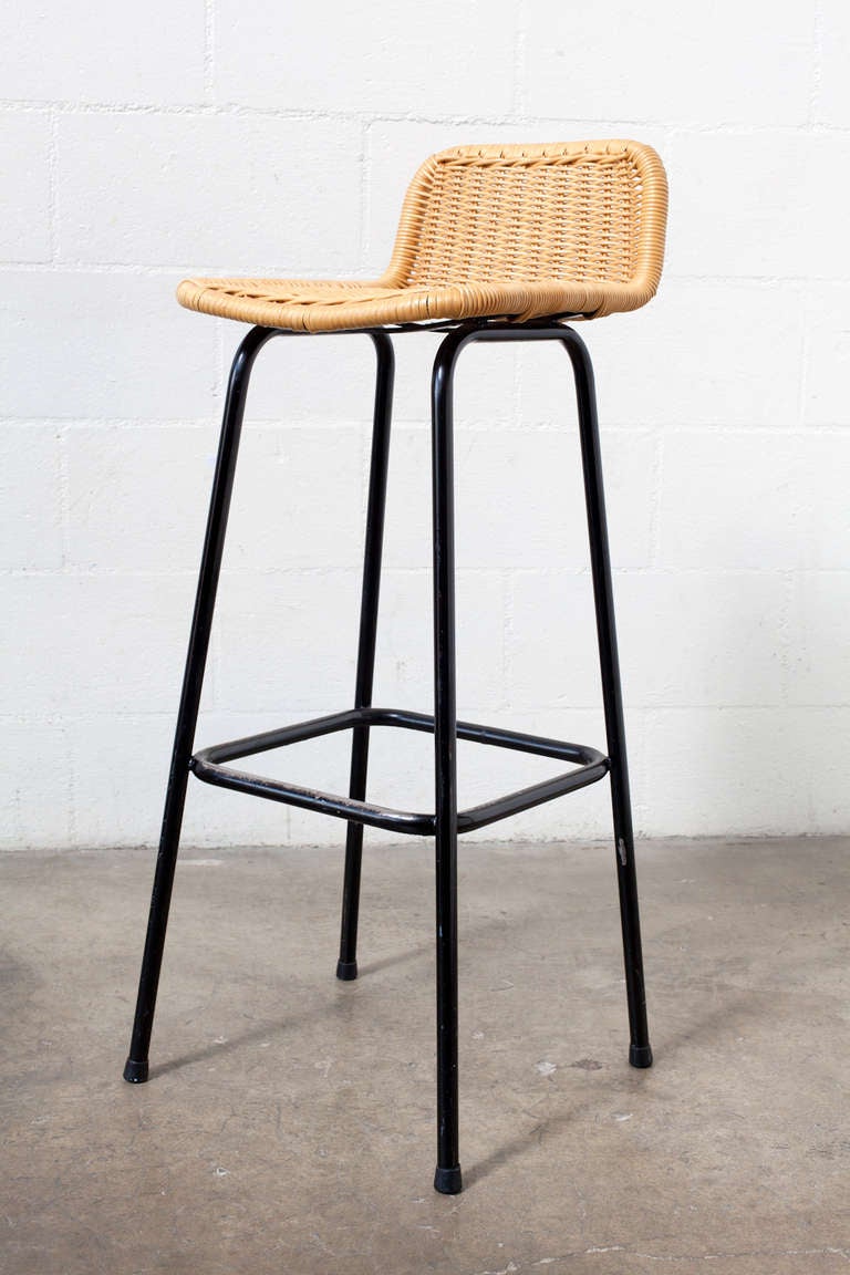 Mid-20th Century PAIR OF CHARLOTTE PERRIAND STYLE WICKER BAR STOOLS