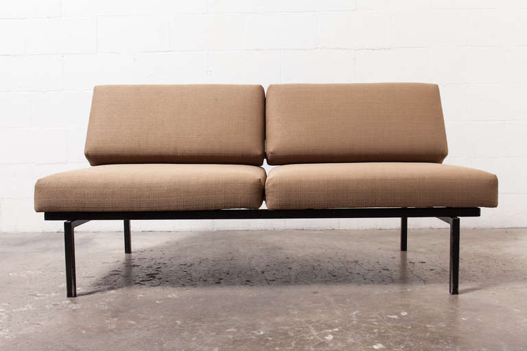 Amazing Conversion Sofa from Coen de Vries for Pilastro with Newly Upholstered Army Brown Cushions, Black Enameled Metal Frame. When as a daybed it measures 88.25 x 31.75 x 18?/26.125