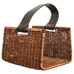 Jacques Adnet Style Rattan and Leather Basket