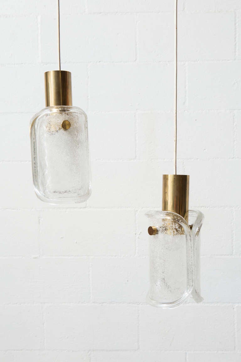 Hanging Pendant Lights with Molded Glass Petal Shaped Wing-Shades and Brass Hardware. Set Price.