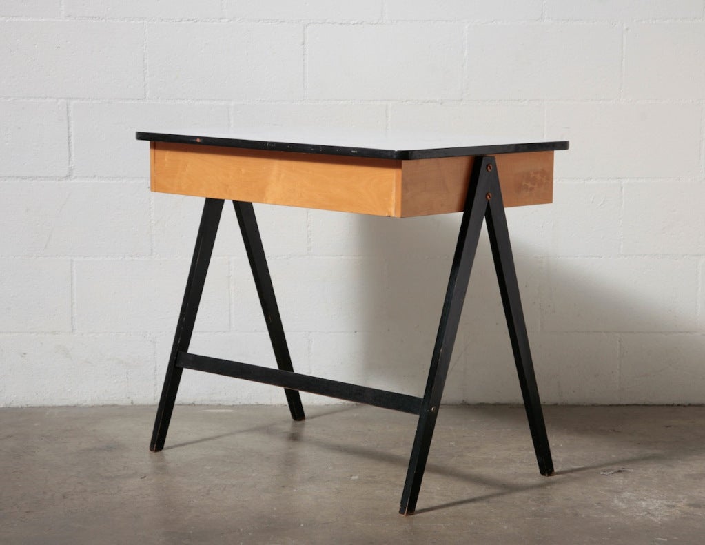 Small Original Coen de Vries Writing Desk with Small Cubby and Little Yellow Drawer and Formica Top