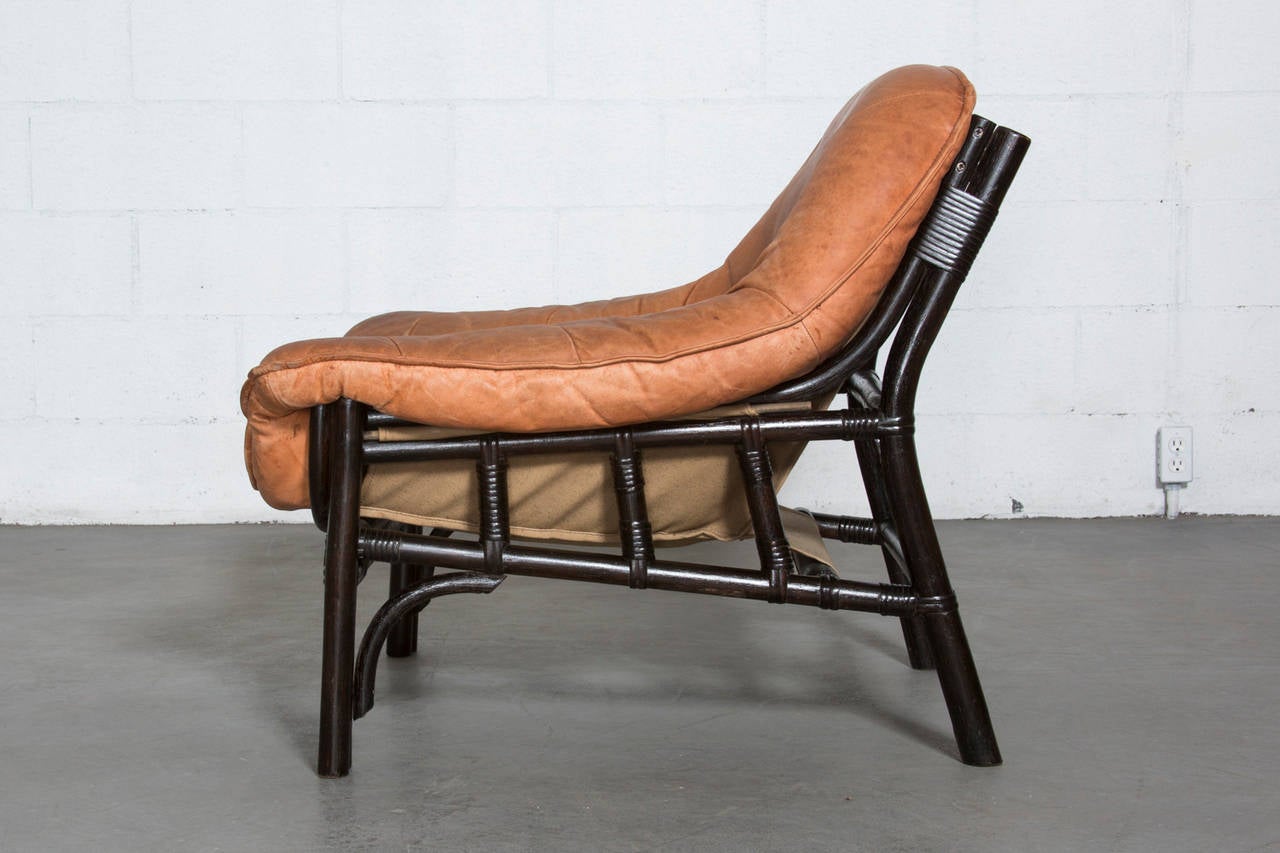 Mid-Century Modern Pair of Gerard van den Berg Attributed Leather and Bamboo Lounge Chairs