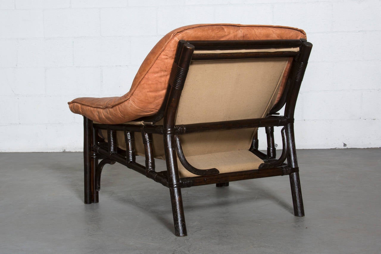 Dutch Pair of Gerard van den Berg Attributed Leather and Bamboo Lounge Chairs