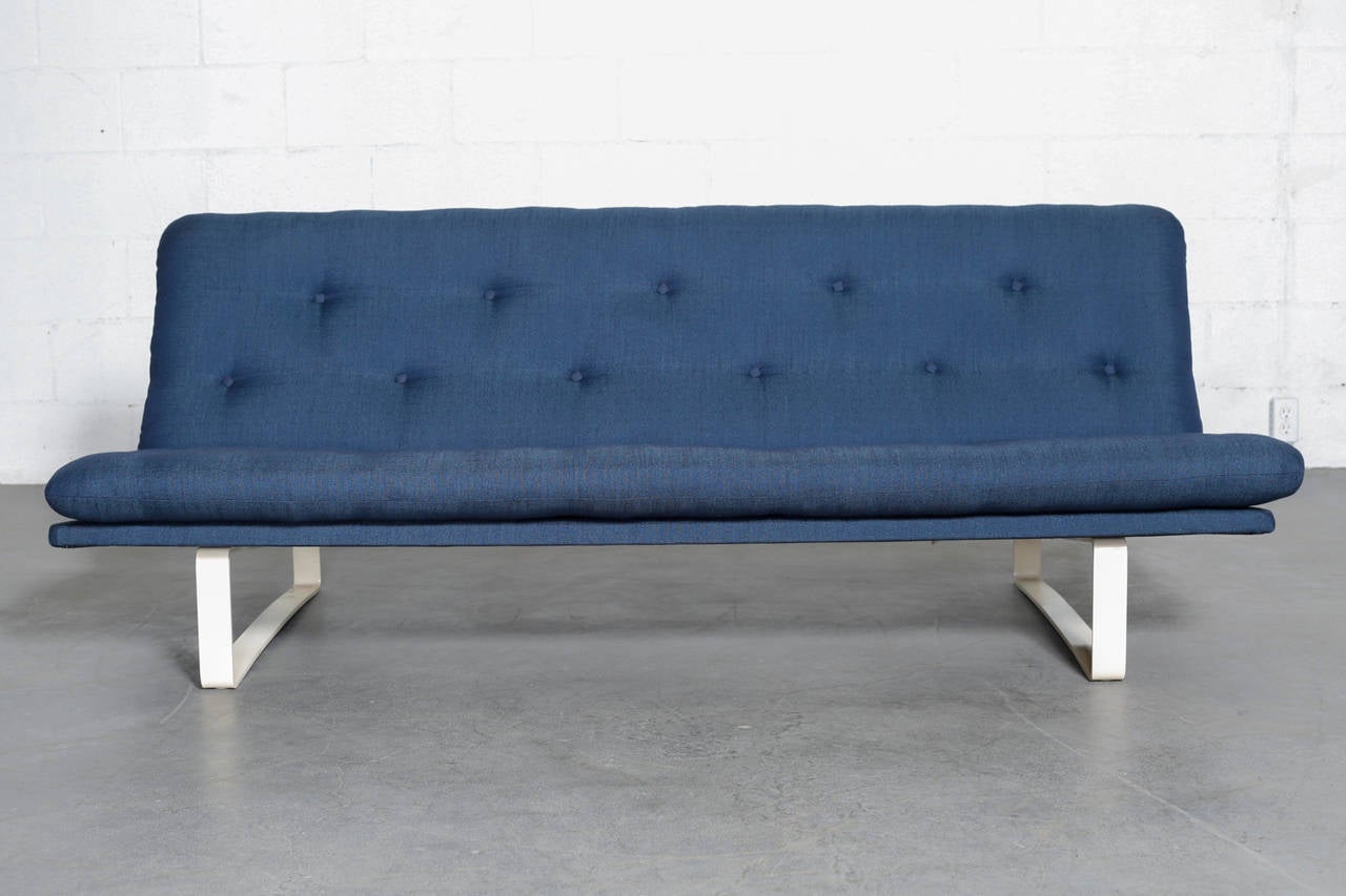 1968 Design by Kho Liang Le for Artifort. Sleek and Minimal Design in Indigo Blue Fabric and Bone White Newly Powder Coated Frame.