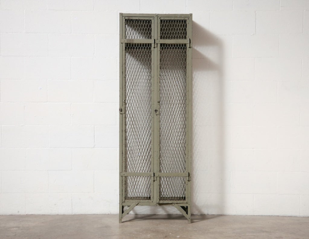 Vintage Locker Cage in Industrial grey-green. 2 hooks per Locker and 2 Compartments per Locker. Iinside height of each locker is 53