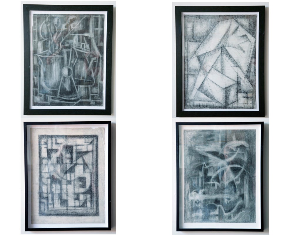 4 Charcoal Drawings by French Artist France Cami, circa 1968. All Mounted and Framed.