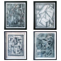 Vintage Set of 4 French Charcoal Drawings