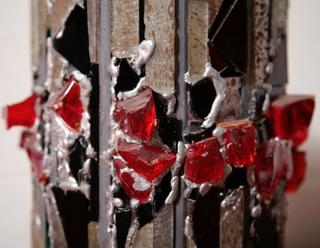 Stained Glass Style Cake Shaped Shade with Chunks of Glass sitting on a Wood Base