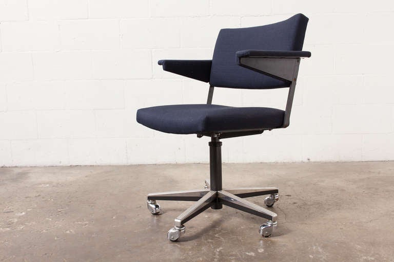 Newly Upholstered Rolling Office Chair in Navy by A.R. Cordemeijer for Gispen with Adjustable Seat Height.