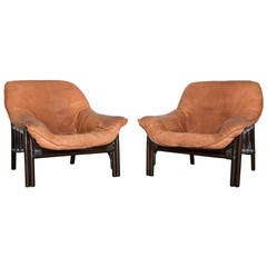 Pair of Gerard van den Berg Attributed Leather and Bamboo Lounge Chairs