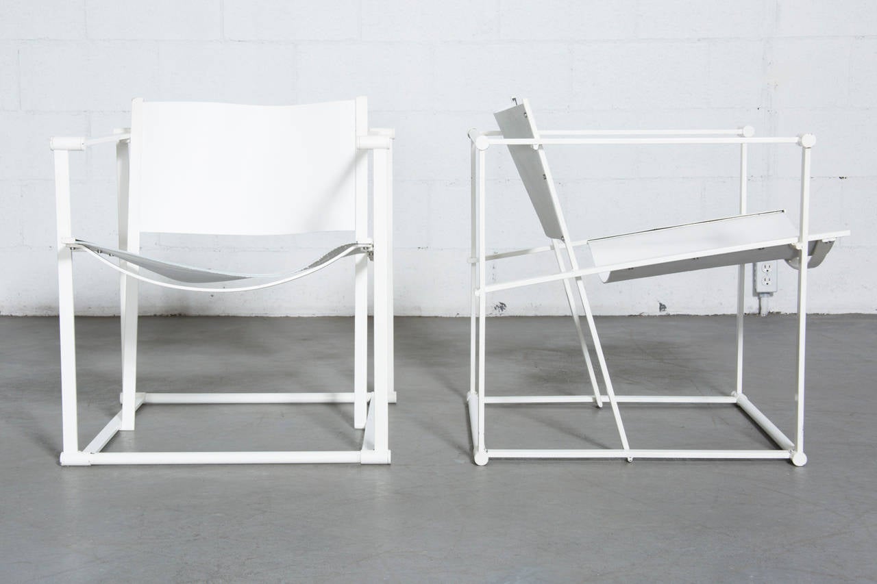 UMS Pastoe FM60 cubic chair lounge chair with enameled white frame, designed in 1980 by Radboud Van Beekum. Frame is in original condition with some wear to enamel, brand new white leather seat and back. Set price.