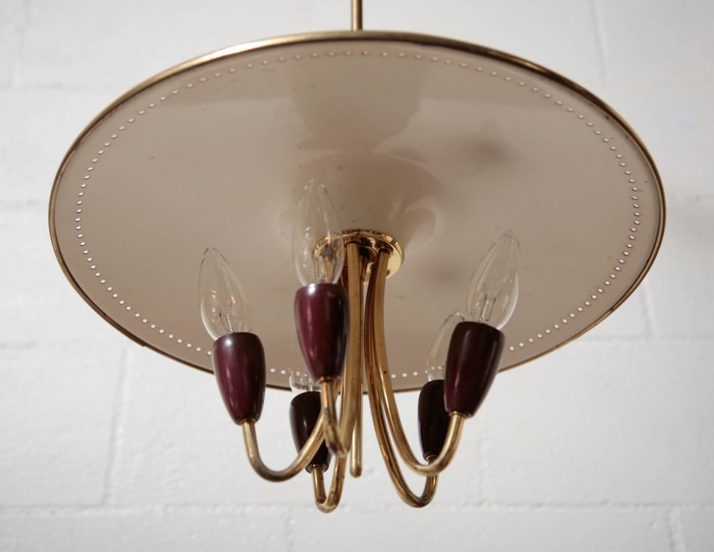 Enameled Metal Shade with Brass Rim and Stem and 5 Brass Armed Lights. Bone White Enameled Under shade for reflective lighting.