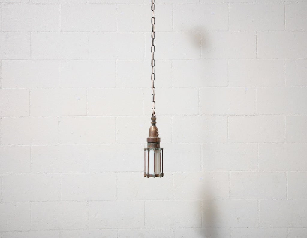 Beautiful Patina-ed Brass Pendant Lamp with Copper Accents and Opaline Glass and Copper Canopy