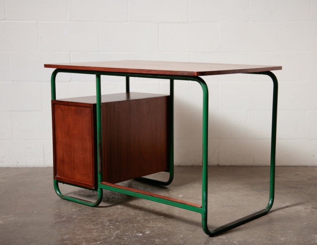 Green Enameled metal Tubular Frame with Teak Floating Top and a Teak and Birch Set of Drawers. Wood Foot Rest, amazing Touch. Desk Opening is 26.25