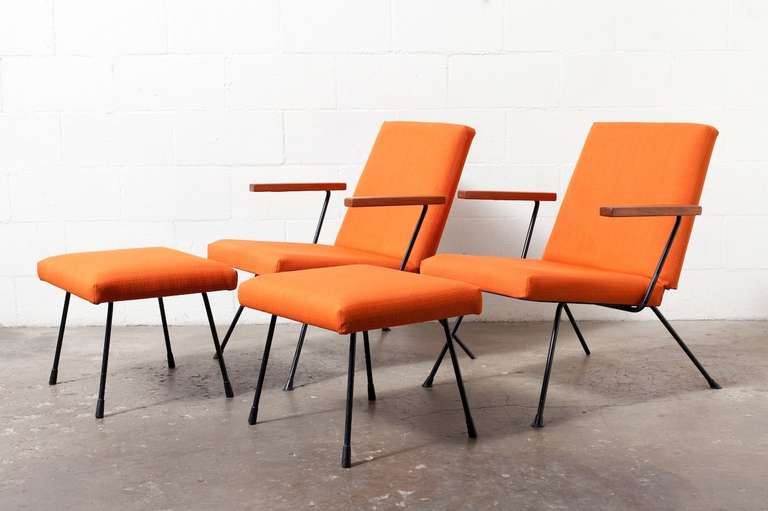 Pair of Orange Kembo Arm Chairs with Ottomans