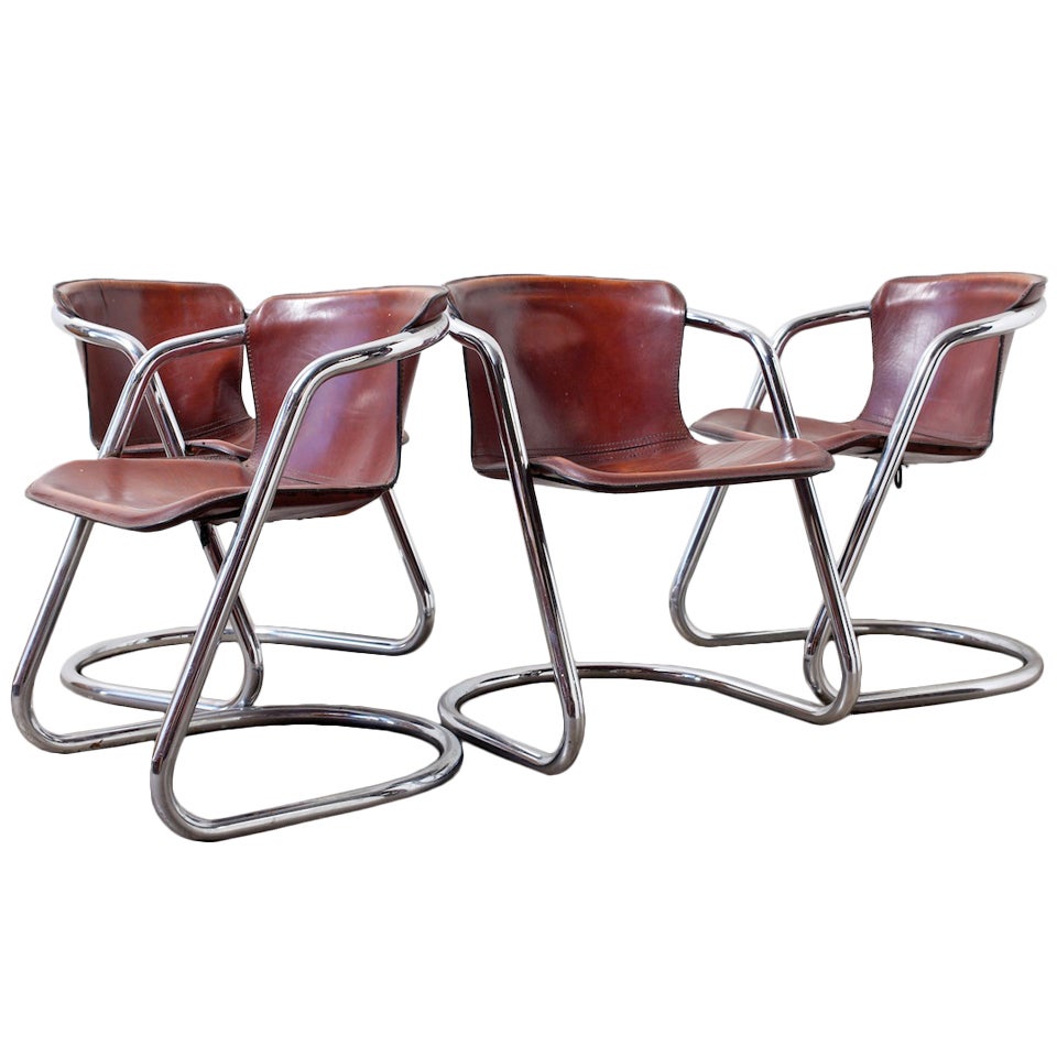 Set of 4 Leather and Chrome Dining Chairs