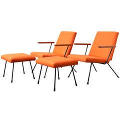 Pair of Orange Kembo Arm Chairs with Ottomans