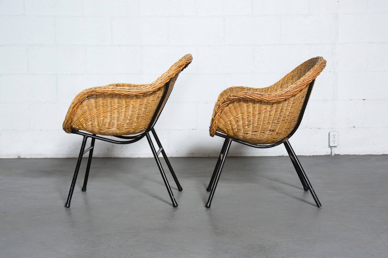 Mid-Century Modern Pair of Jacques Adnet Style Woven Rattan Chairs