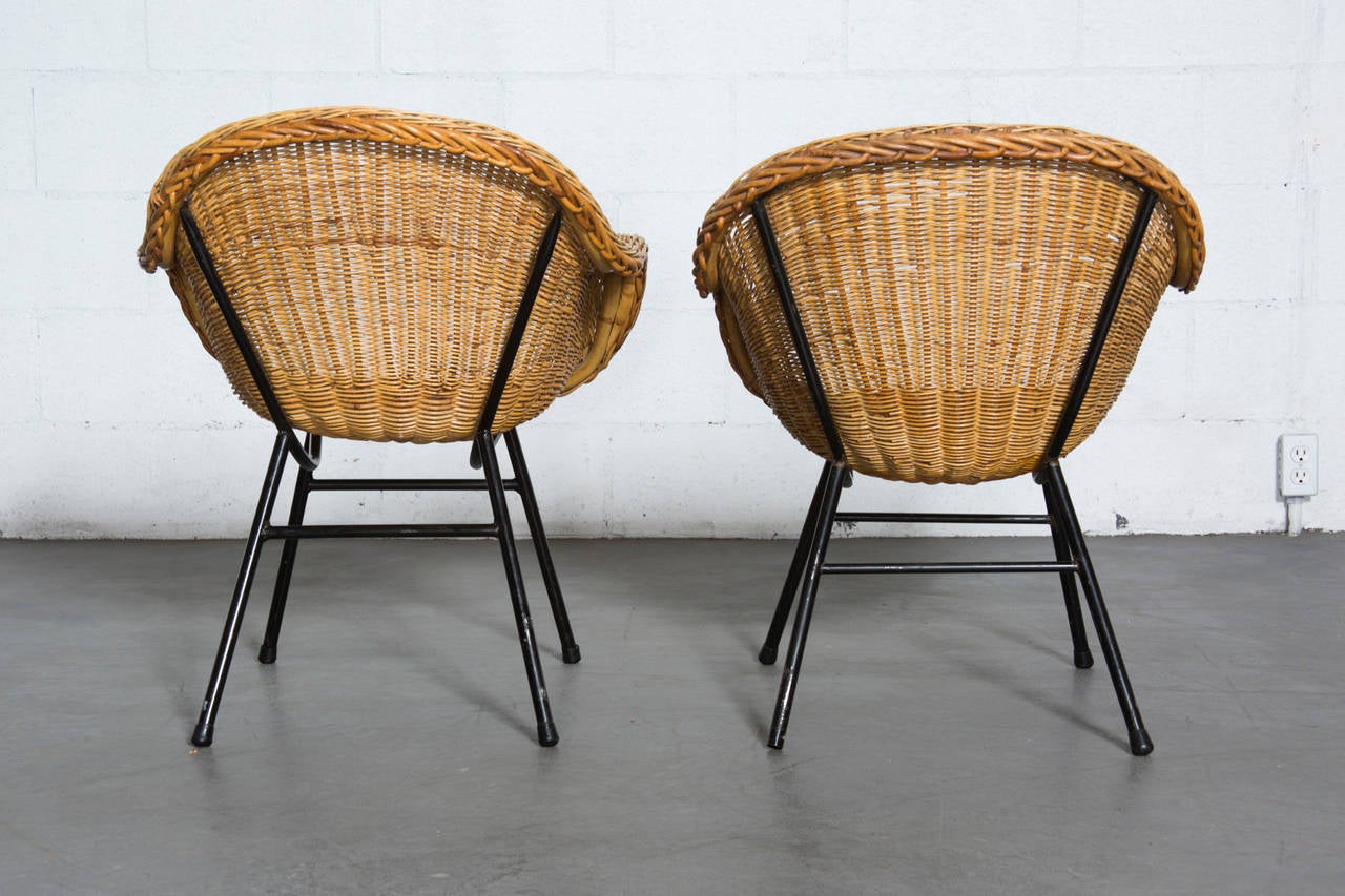 Pair of Jacques Adnet Style Woven Rattan Chairs In Good Condition In Los Angeles, CA