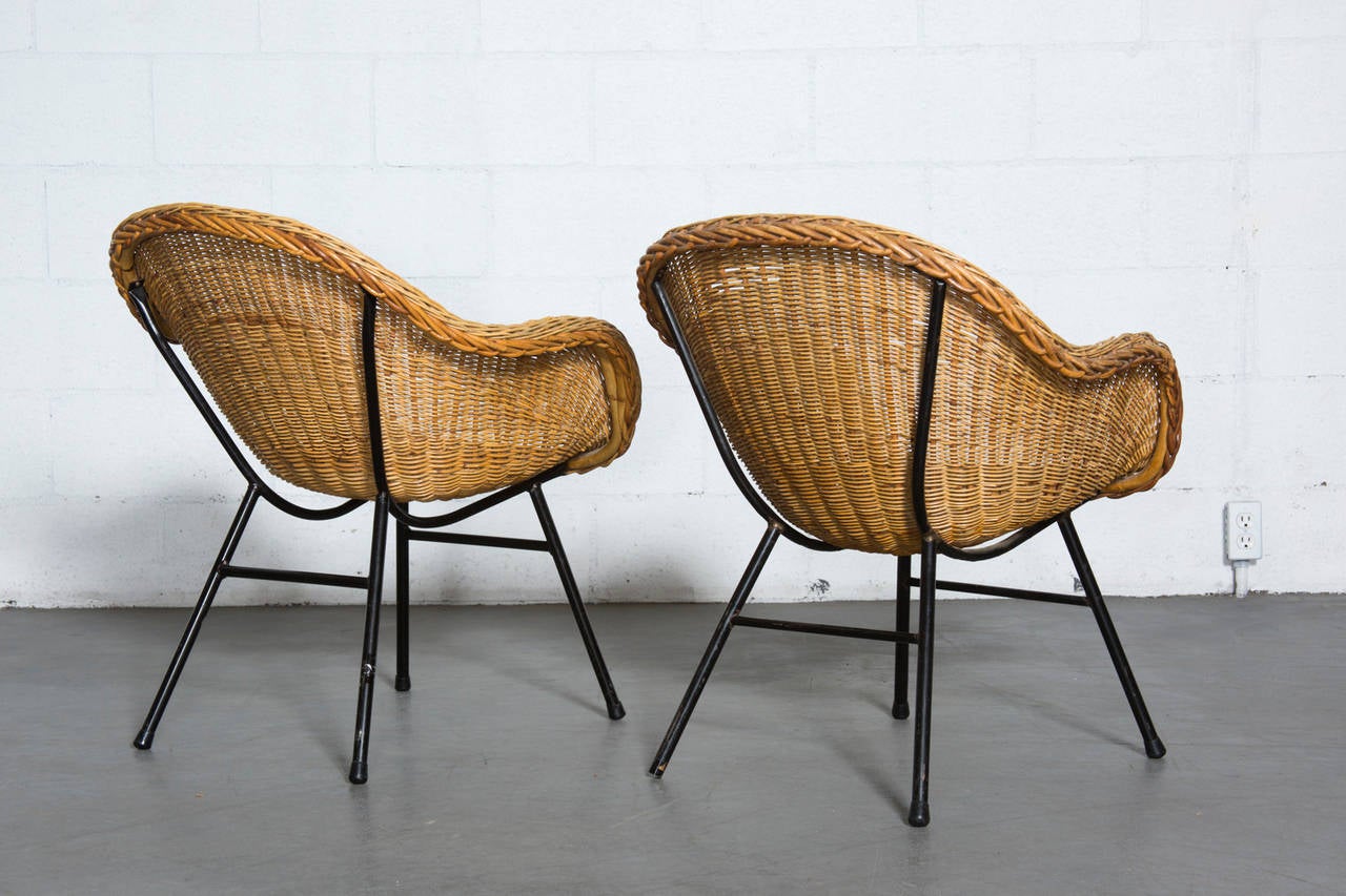 Dutch Pair of Jacques Adnet Style Woven Rattan Chairs