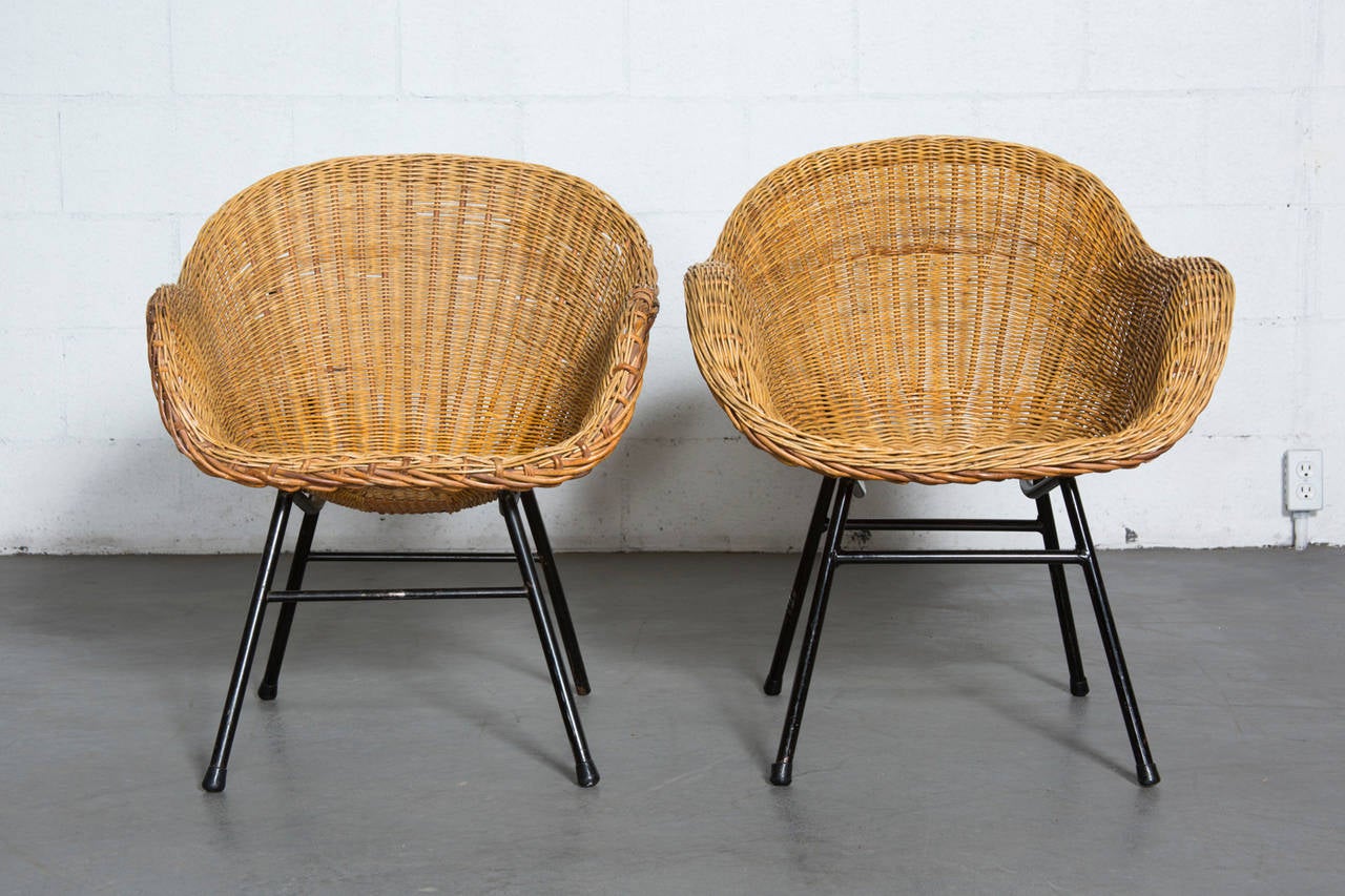 Woven rattan bucket chairs with black wire metal frame. Chairs are slightly different. In original condition with visible wear to rattan consistent with age and use.