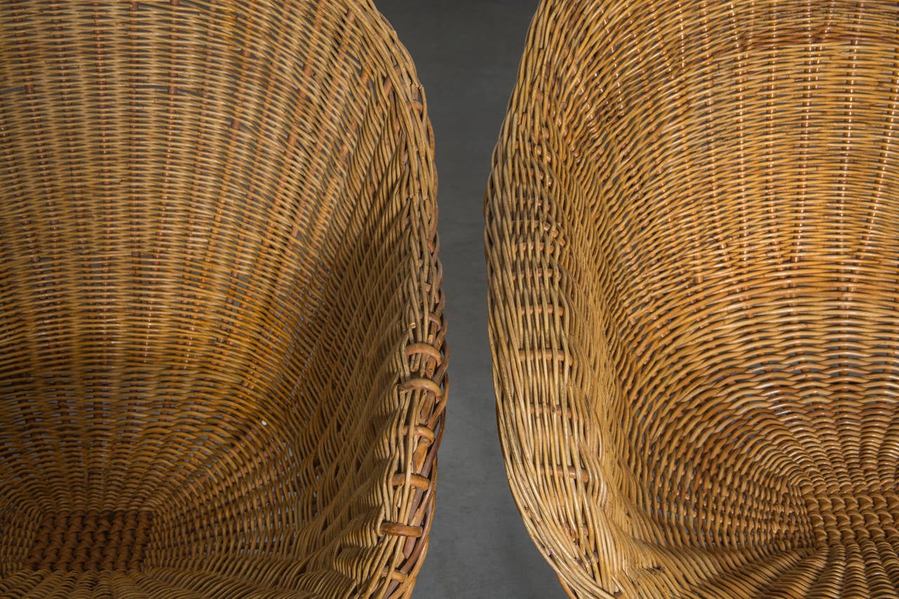 Mid-20th Century Pair of Jacques Adnet Style Woven Rattan Chairs