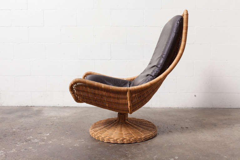 Dutch Gerard Van Den Berg Leather and Rattan Lounge Chair