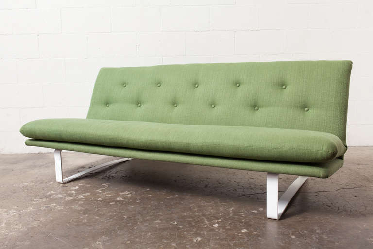 1968 Design by Kho Liang Le. Amazing Sleek Design in Newly Upholstered Minty Green Fabric and Newly Bone White Powder Coated Frame.