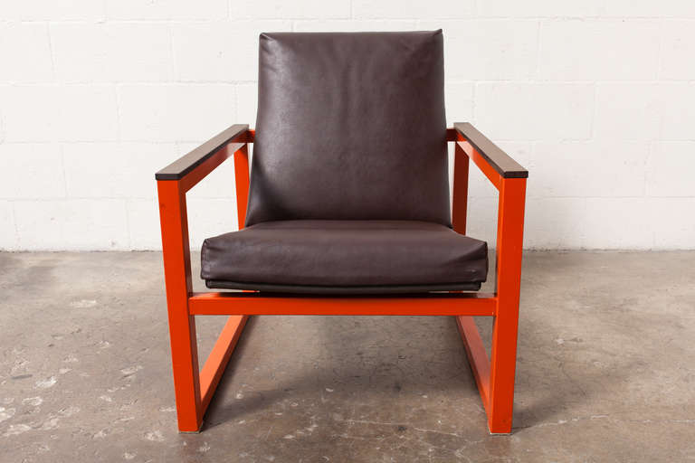 Unique Collaborative Design - Seat Construction originally Designed by Friso Kramer for Ahrend de Cirkel. Orange Enameled Chrome Box Frame with wooden arm accents and Burgundy Vinyl.