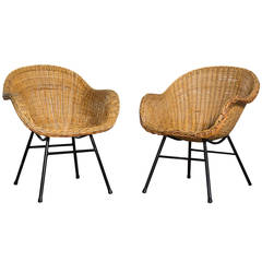 Pair of Jacques Adnet Style Woven Rattan Chairs