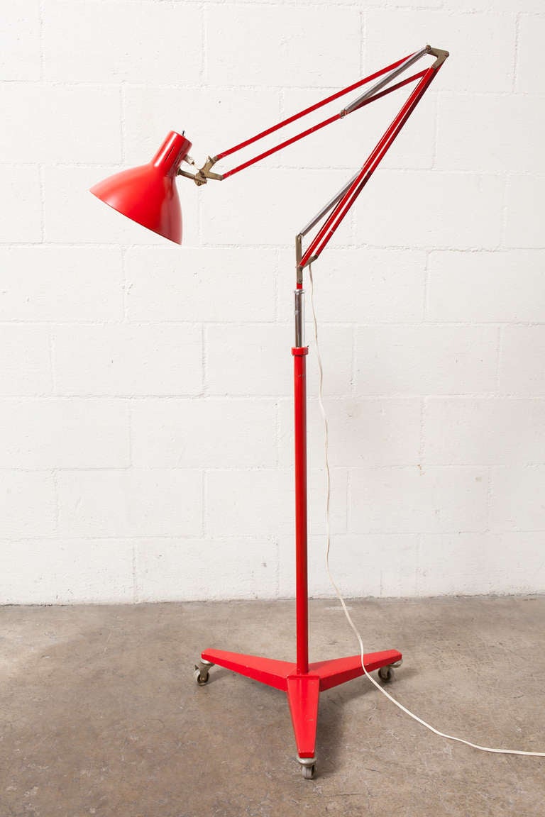 Mid-Century Modern Industrial Red Rolling Drafting Lamp
