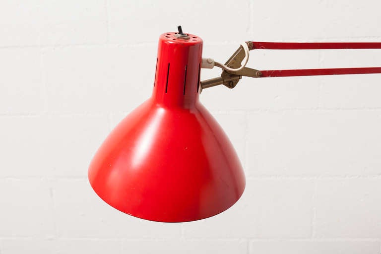 Mid-20th Century Industrial Red Rolling Drafting Lamp