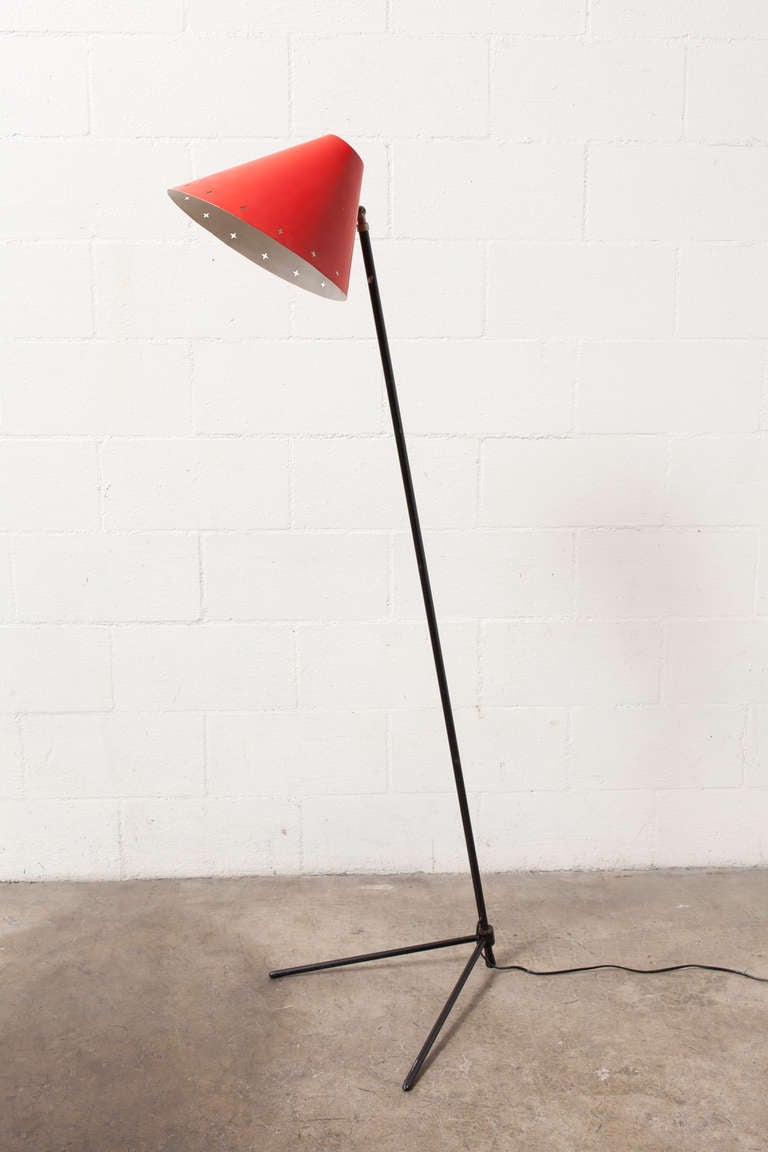 Rare, Hala Pinocchio floor lamp by H. Busquet, 1954. With a red hat and star detail cut-outs. Some wear to enamel on shade.